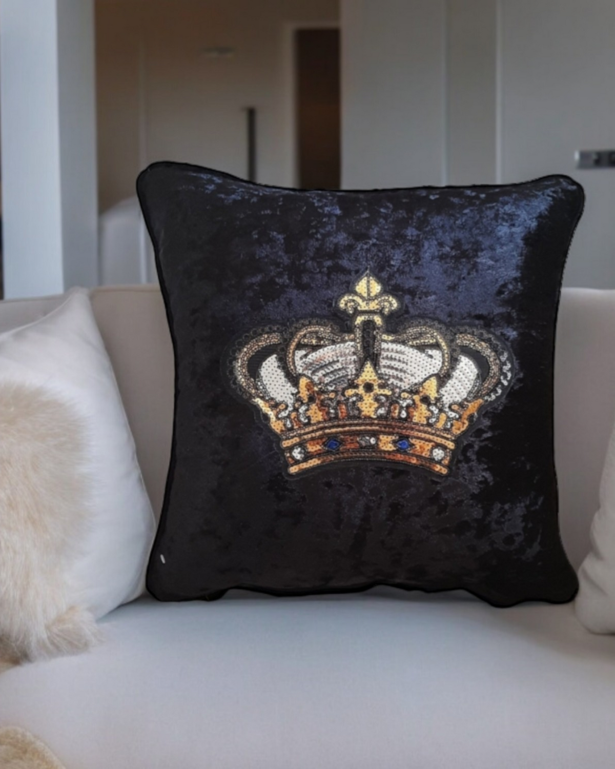 Gold Crown Cushion Cover Black Velvet King Queen Cushion Gift for Him Royal Crown Handmade Throw Pillow Cover Home Decor Gift For Her