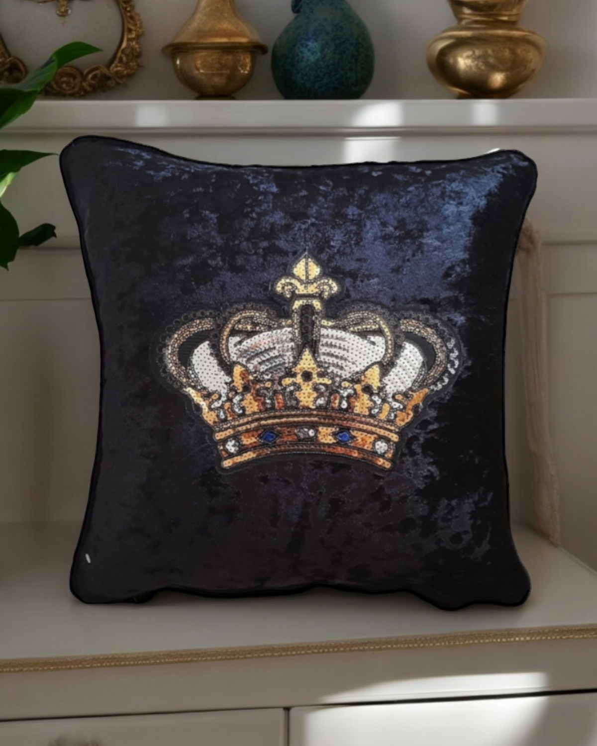 Gold Crown Cushion Cover Black Velvet King Queen Cushion Gift for Him Royal Crown Handmade Throw Pillow Cover Home Decor Gift For Her