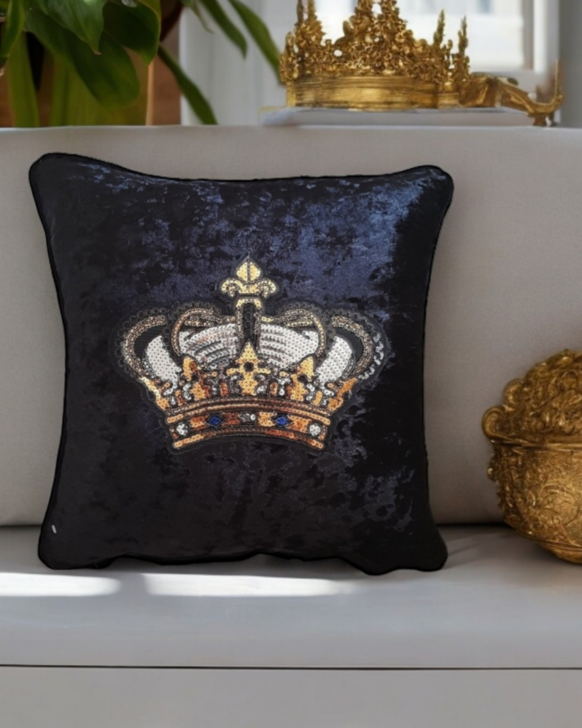 Gold Crown Cushion Cover Black Velvet King Queen Cushion Gift for Him Royal Crown Handmade Throw Pillow Cover Home Decor Gift For Her