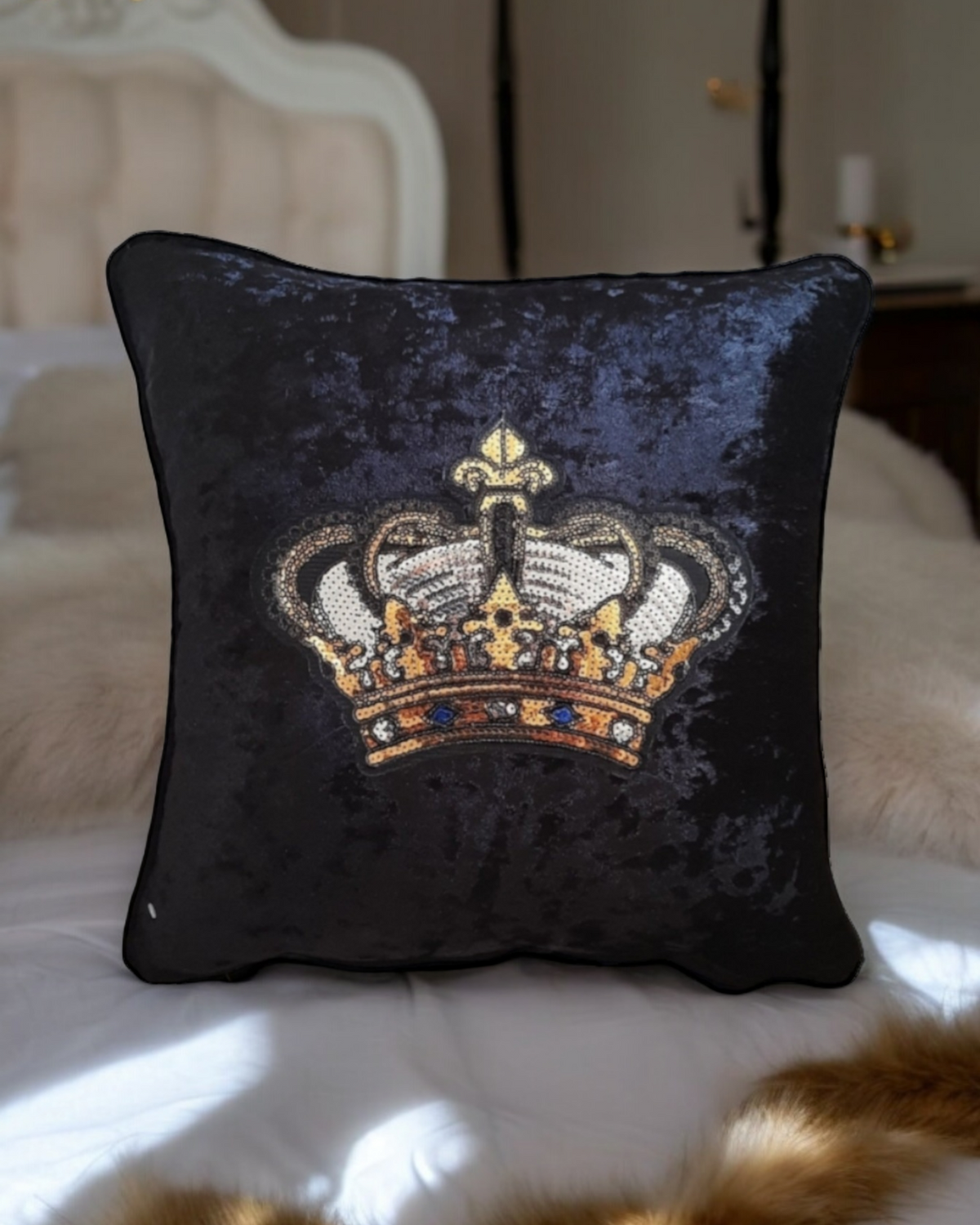 Gold Crown Cushion Cover Black Velvet King Queen Cushion Gift for Him Royal Crown Handmade Throw Pillow Cover Home Decor Gift For Her