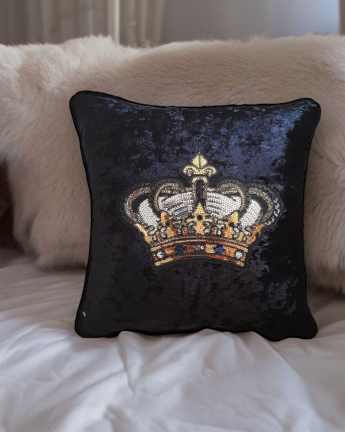 Gold Crown Cushion Cover Black Velvet King Queen Cushion Gift for Him Royal Crown Handmade Throw Pillow Cover Home Decor Gift For Her