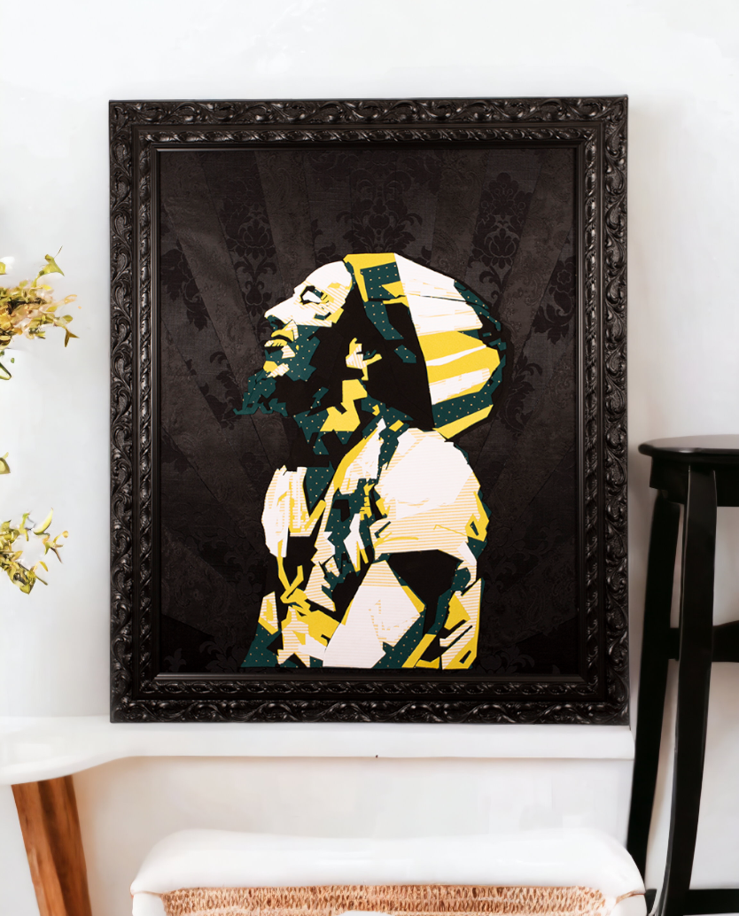 Bob Marley Textile Art - 29"x35" Created using a unique textile art process of layers of luxurious fabric fused together to create eye-catching Artwork