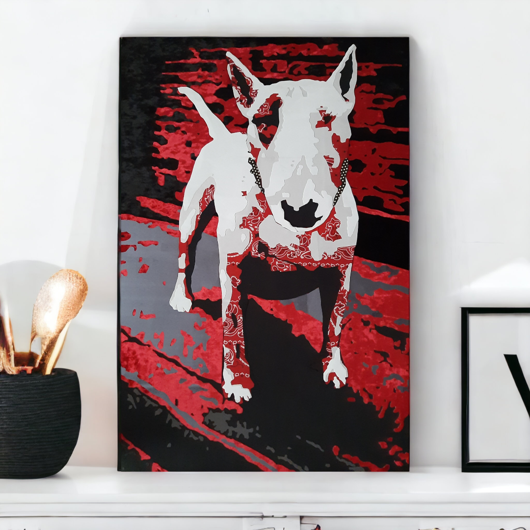 British Bull Terrier Textile Art 24"x36" Created using a unique textile art process of layers of luxurious fabric fused together to create eye-catching Artwork