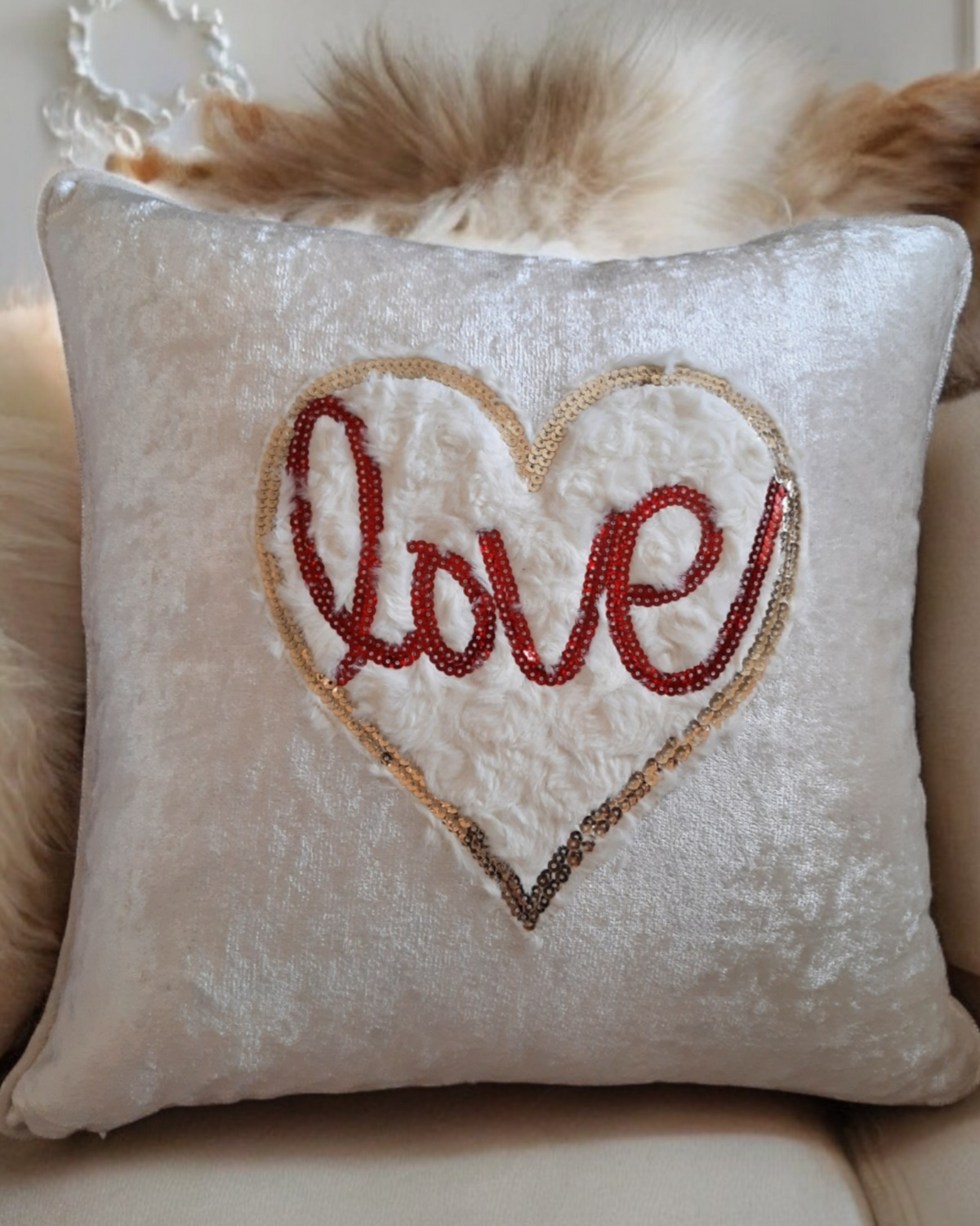 Love Heart Cushion Cover White Textured Heart Pillow Red Sequin Cushion Love Heart Patch Velvet Cushion Cover Valentines Gift For Livingroom