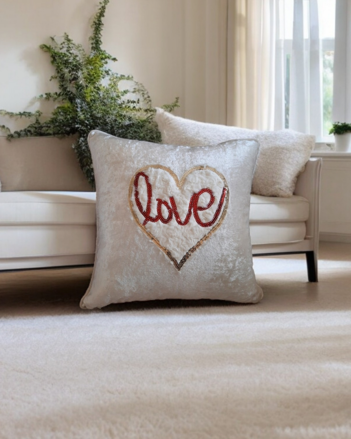 Love Heart Cushion Cover White Textured Heart Pillow Red Sequin Cushion Love Heart Patch Velvet Cushion Cover Valentines Gift For Livingroom