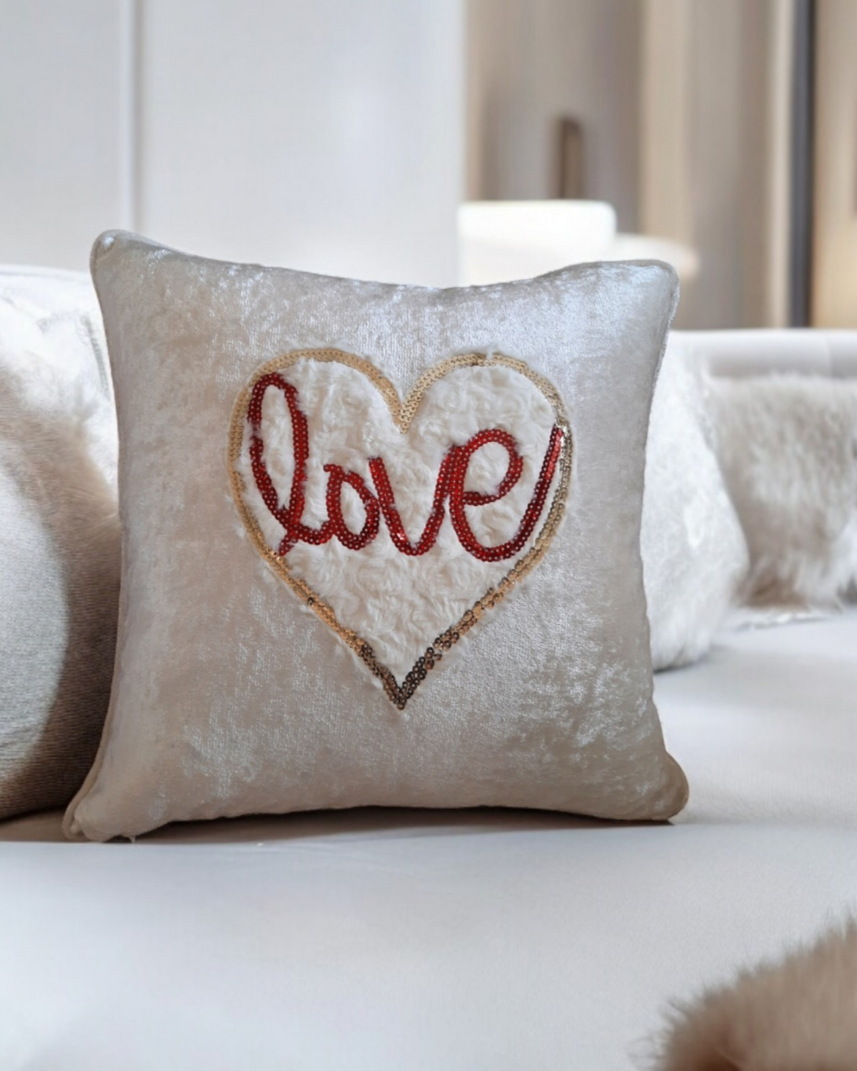 Love Heart Cushion Cover White Textured Heart Pillow Red Sequin Cushion Love Heart Patch Velvet Cushion Cover Valentines Gift For Livingroom