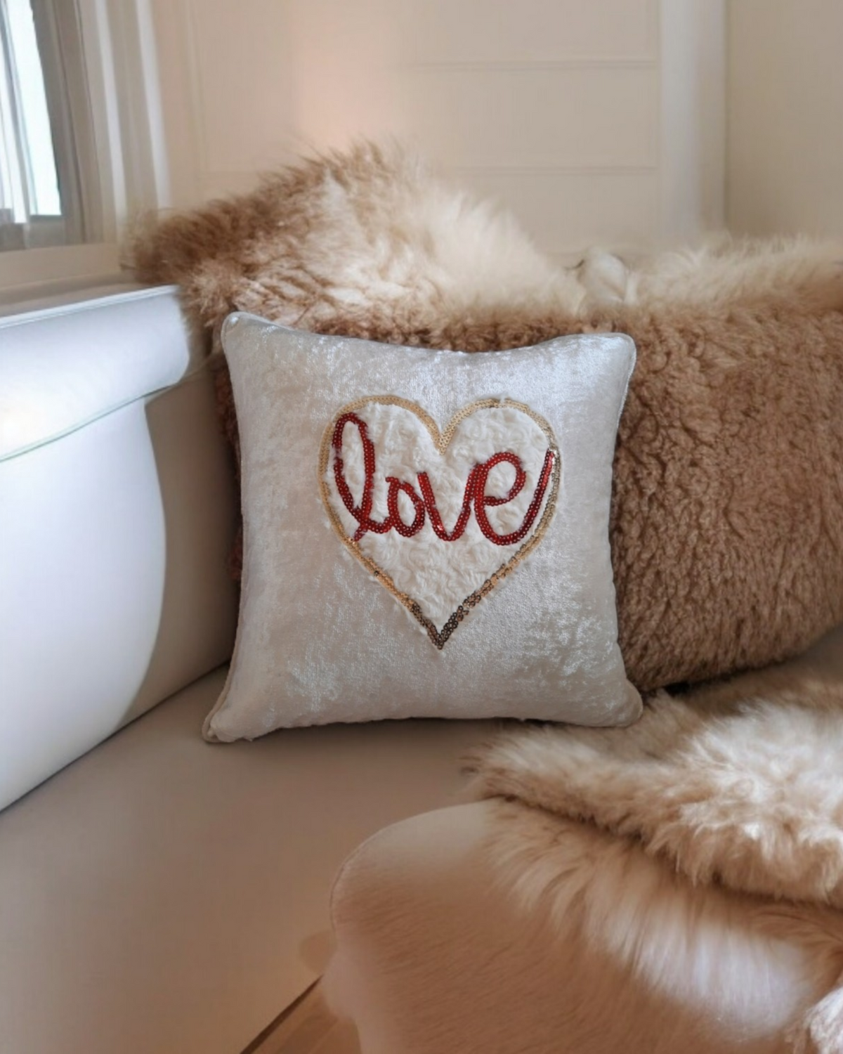 Love Heart Cushion Cover White Textured Heart Pillow Red Sequin Cushion Love Heart Patch Velvet Cushion Cover Valentines Gift For Livingroom