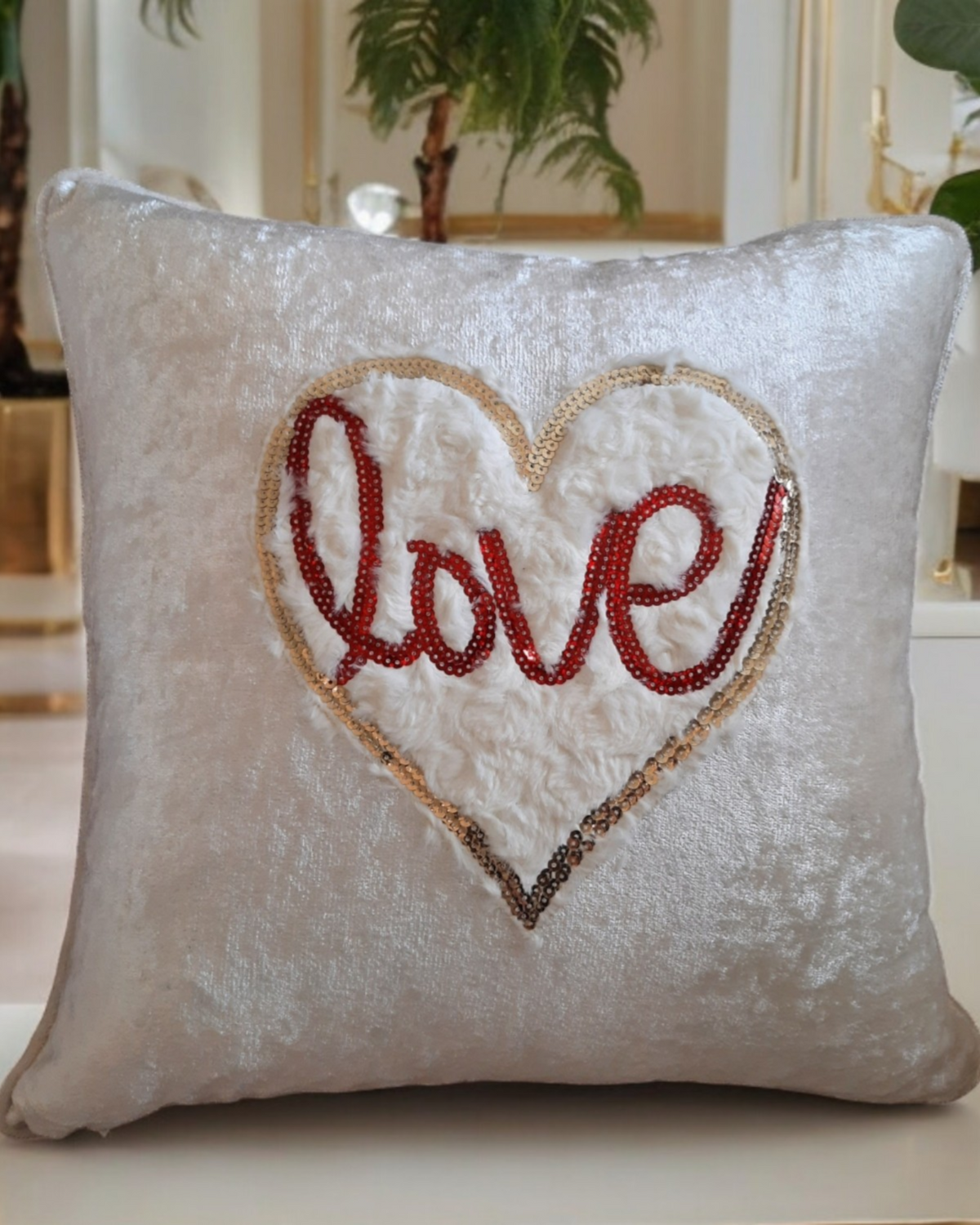 Love Heart Cushion Cover White Textured Heart Pillow Red Sequin Cushion Love Heart Patch Velvet Cushion Cover Valentines Gift For Livingroom