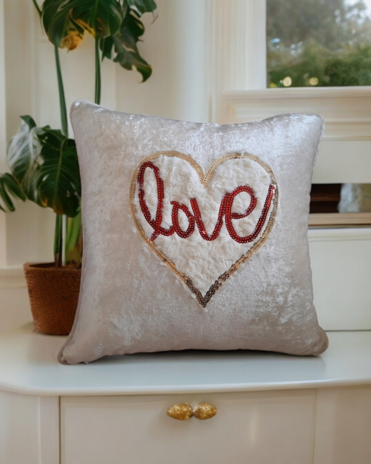 Love Heart Cushion Cover White Textured Heart Pillow Red Sequin Cushion Love Heart Patch Velvet Cushion Cover Valentines Gift For Livingroom