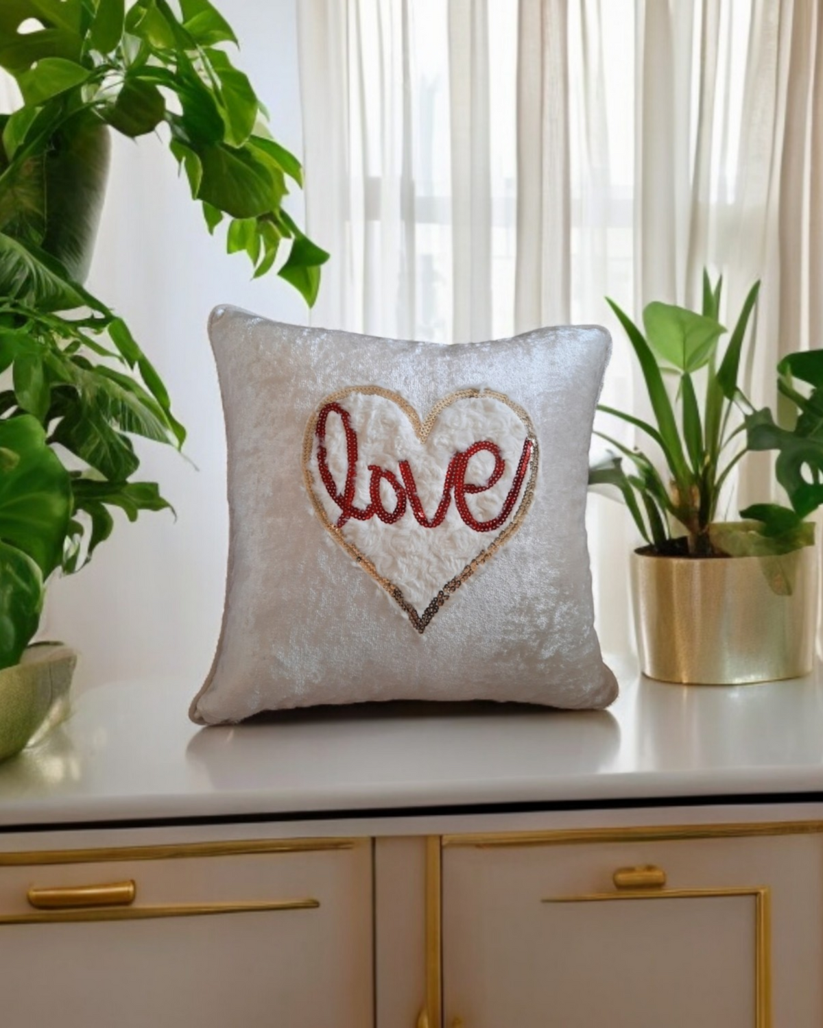 Love Heart Cushion Cover White Textured Heart Pillow Red Sequin Cushion Love Heart Patch Velvet Cushion Cover Valentines Gift For Livingroom