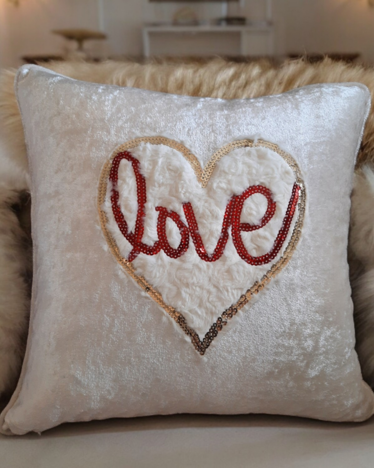 Love Heart Cushion Cover White Textured Heart Pillow Red Sequin Cushion Love Heart Patch Velvet Cushion Cover Valentines Gift For Livingroom