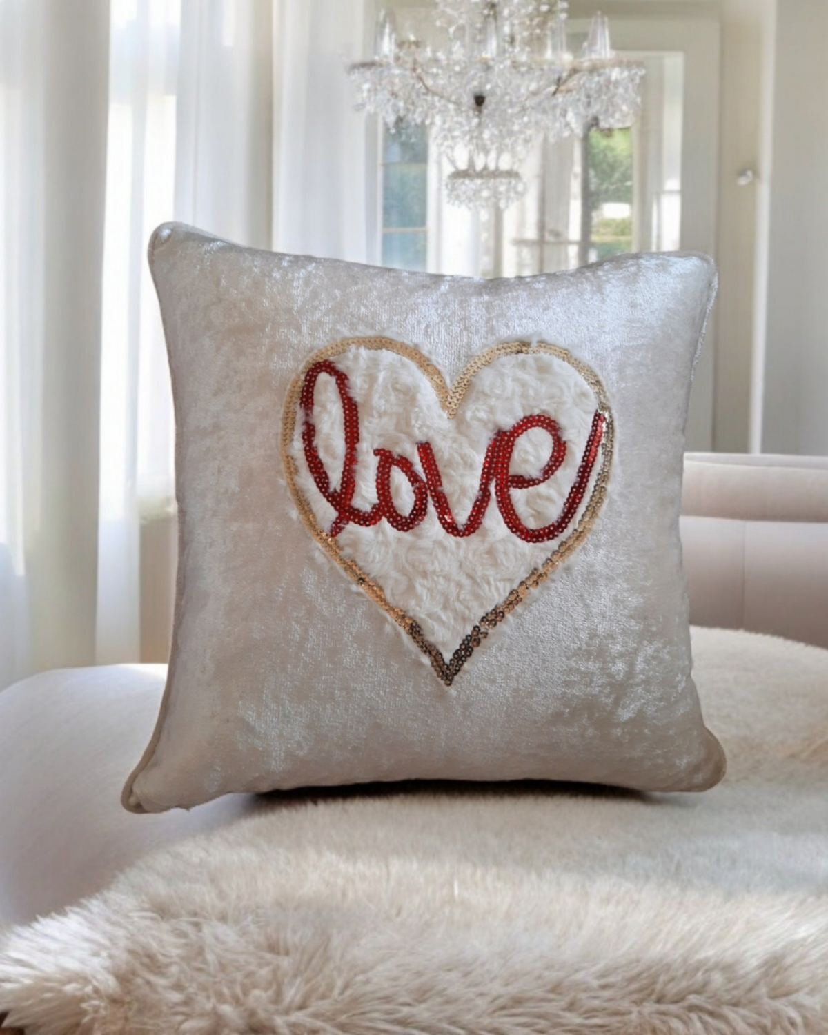 Love Heart Cushion Cover White Textured Heart Pillow Red Sequin Cushion Love Heart Patch Velvet Cushion Cover Valentines Gift For Livingroom