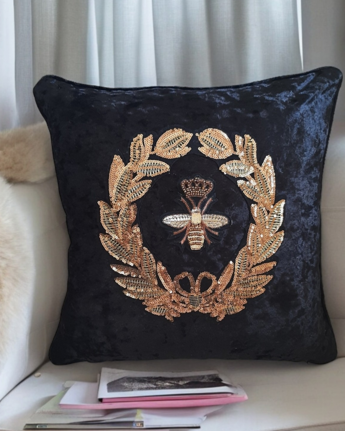 Manchester Bee Cushion Cover Textured Queen Bee Pillow Velvet Cushion Cover Sequin Bumble Bee Gold Patch Cushion Mancunian Worker Bee Pillow