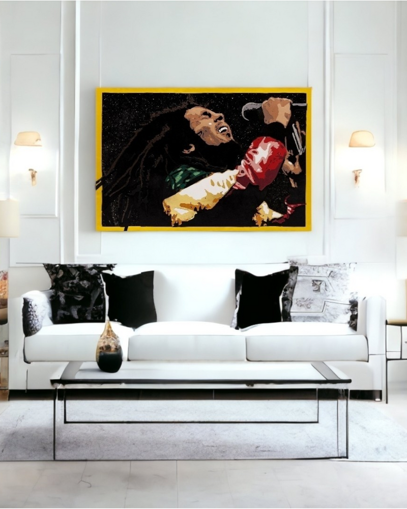 Bob Marley Textile Fabric Collage Art Bob Marley Wall Art Fan Art Mixed Media Fabric Art Handmade Artwork Reggae Tapestry Poster Livingroom