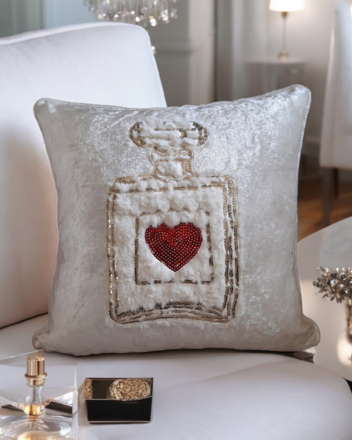 Love Heart Velvet Cushion Cover Love In A Bottle Textured Fur Pillow Red Sequin Love Heart Valentine Day Gift For Her Handmade Cushion Cover