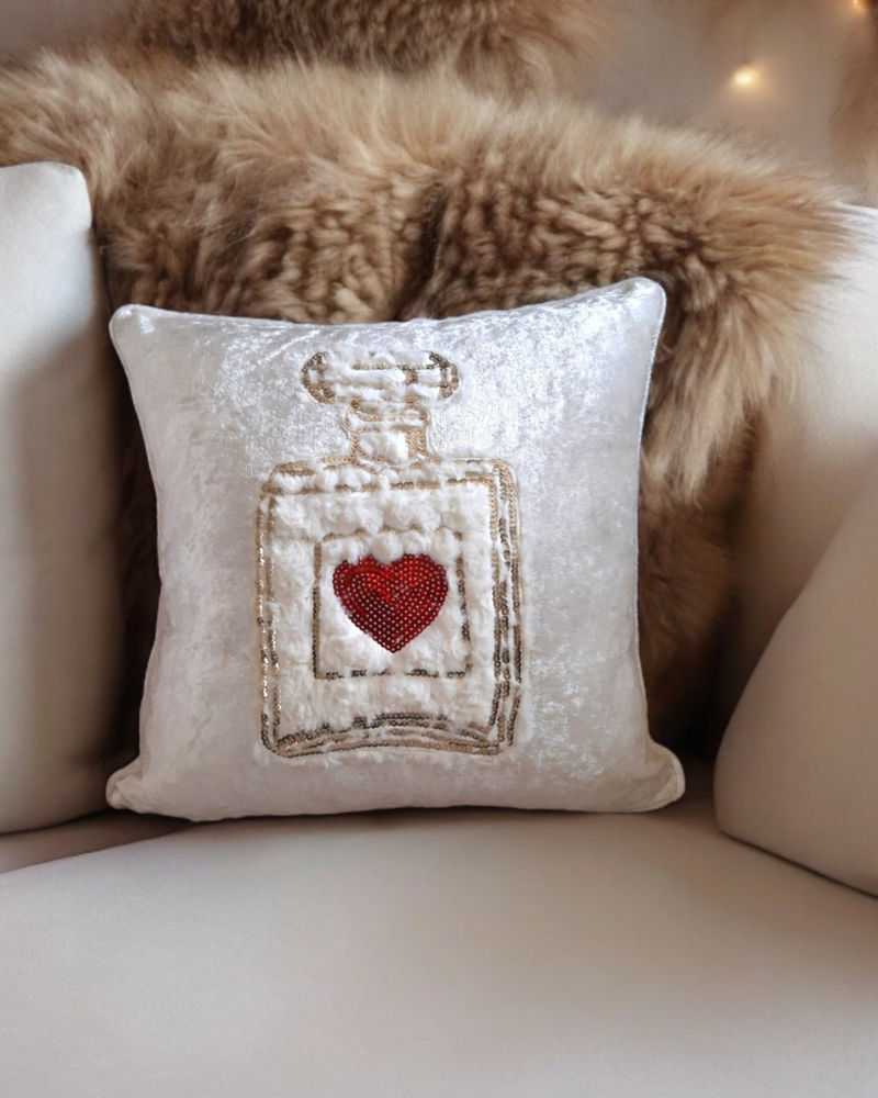 Love Heart Velvet Cushion Cover Love In A Bottle Textured Fur Pillow Red Sequin Love Heart Valentine Day Gift For Her Handmade Cushion Cover