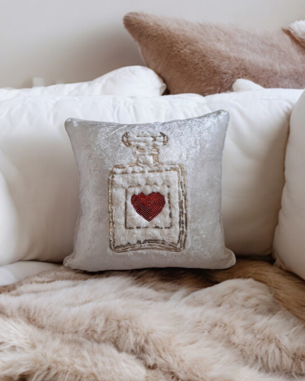 Love Heart Velvet Cushion Cover Love In A Bottle Textured Fur Pillow Red Sequin Love Heart Valentine Day Gift For Her Handmade Cushion Cover