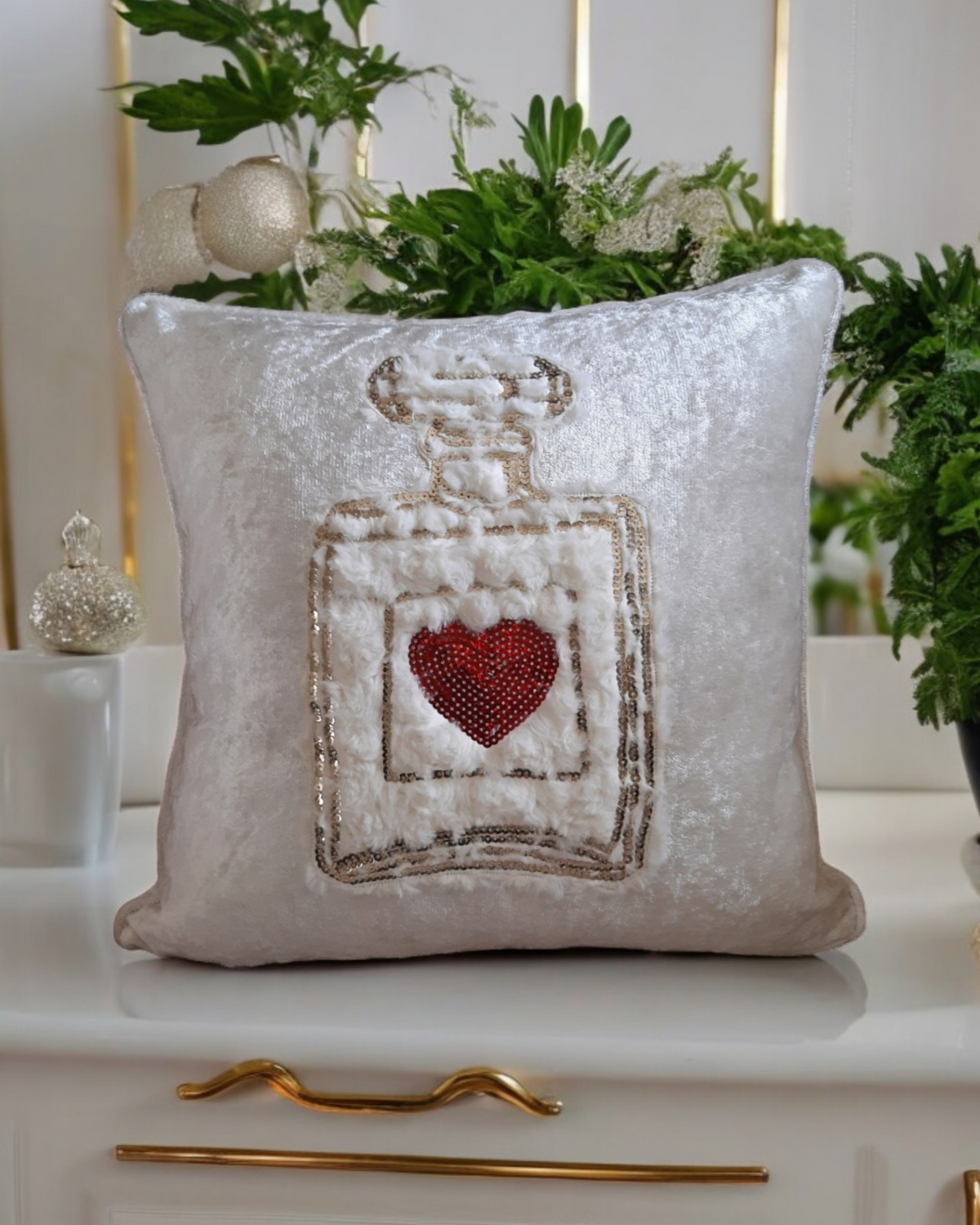 Love Heart Velvet Cushion Cover Love In A Bottle Textured Fur Pillow Red Sequin Love Heart Valentine Day Gift For Her Handmade Cushion Cover