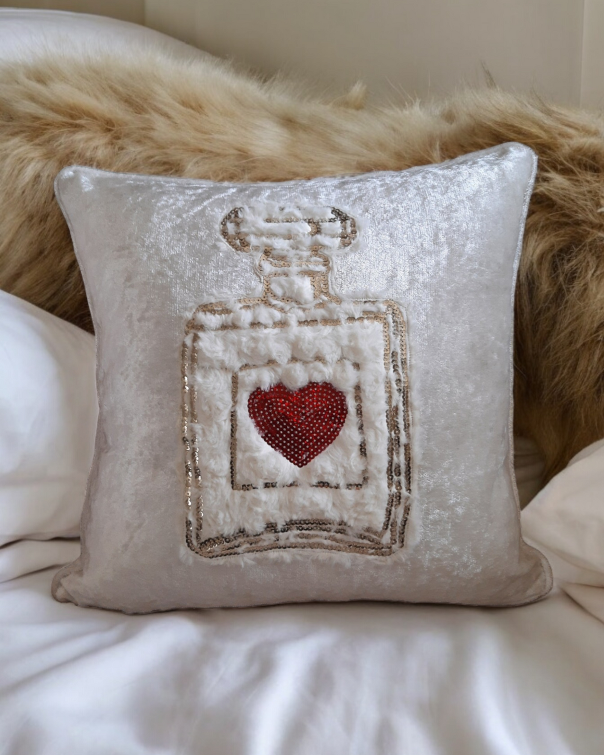 Love Heart Velvet Cushion Cover Love In A Bottle Textured Fur Pillow Red Sequin Love Heart Valentine Day Gift For Her Handmade Cushion Cover