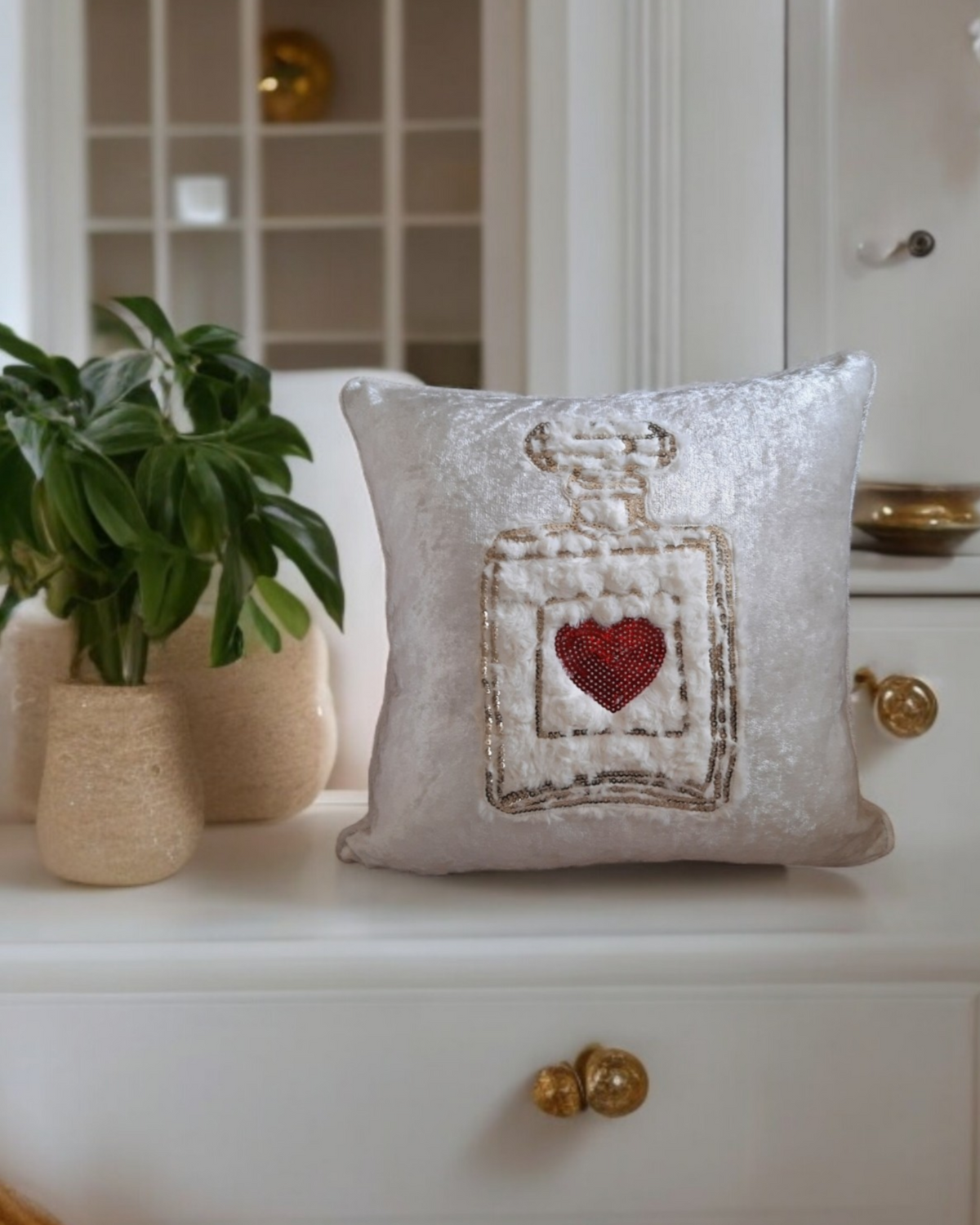 Love Heart Velvet Cushion Cover Love In A Bottle Textured Fur Pillow Red Sequin Love Heart Valentine Day Gift For Her Handmade Cushion Cover